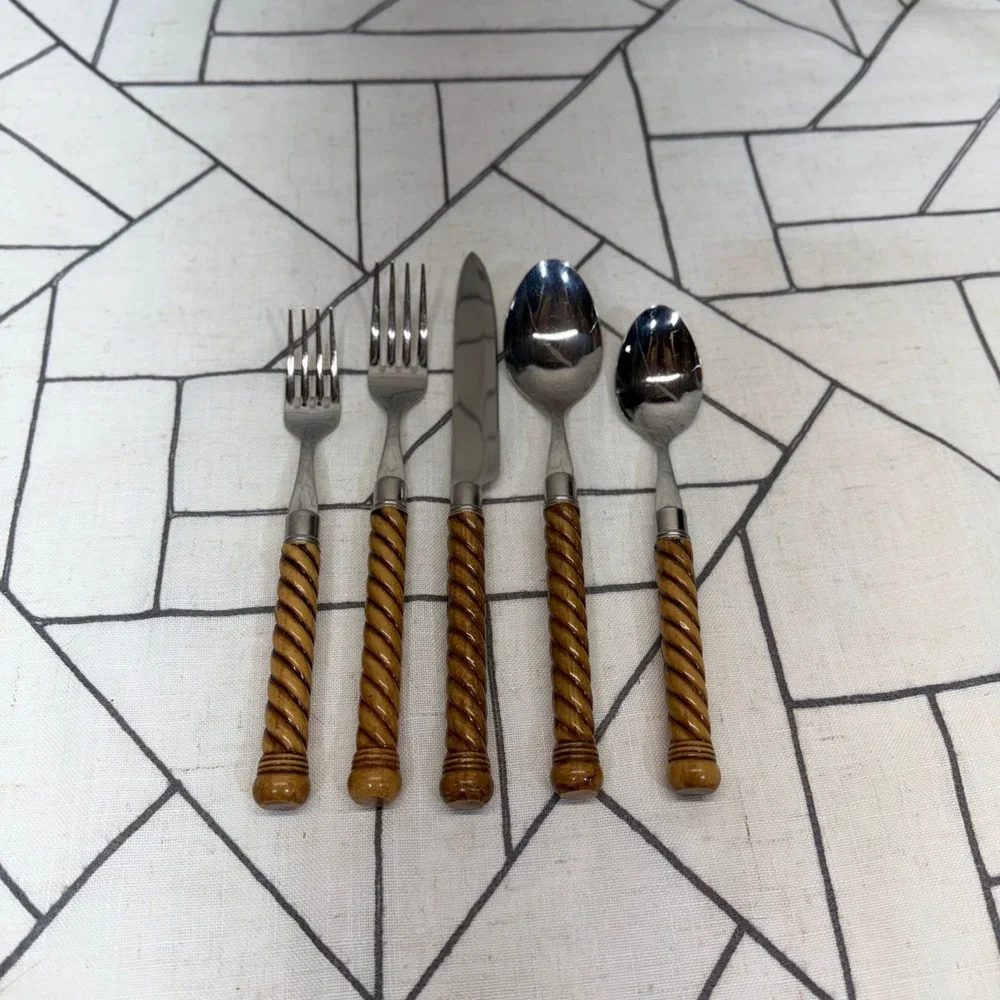 Flatware Set 20pc Brown Faux Wood Rope Twist Handle Stainless Service 4 no Brand